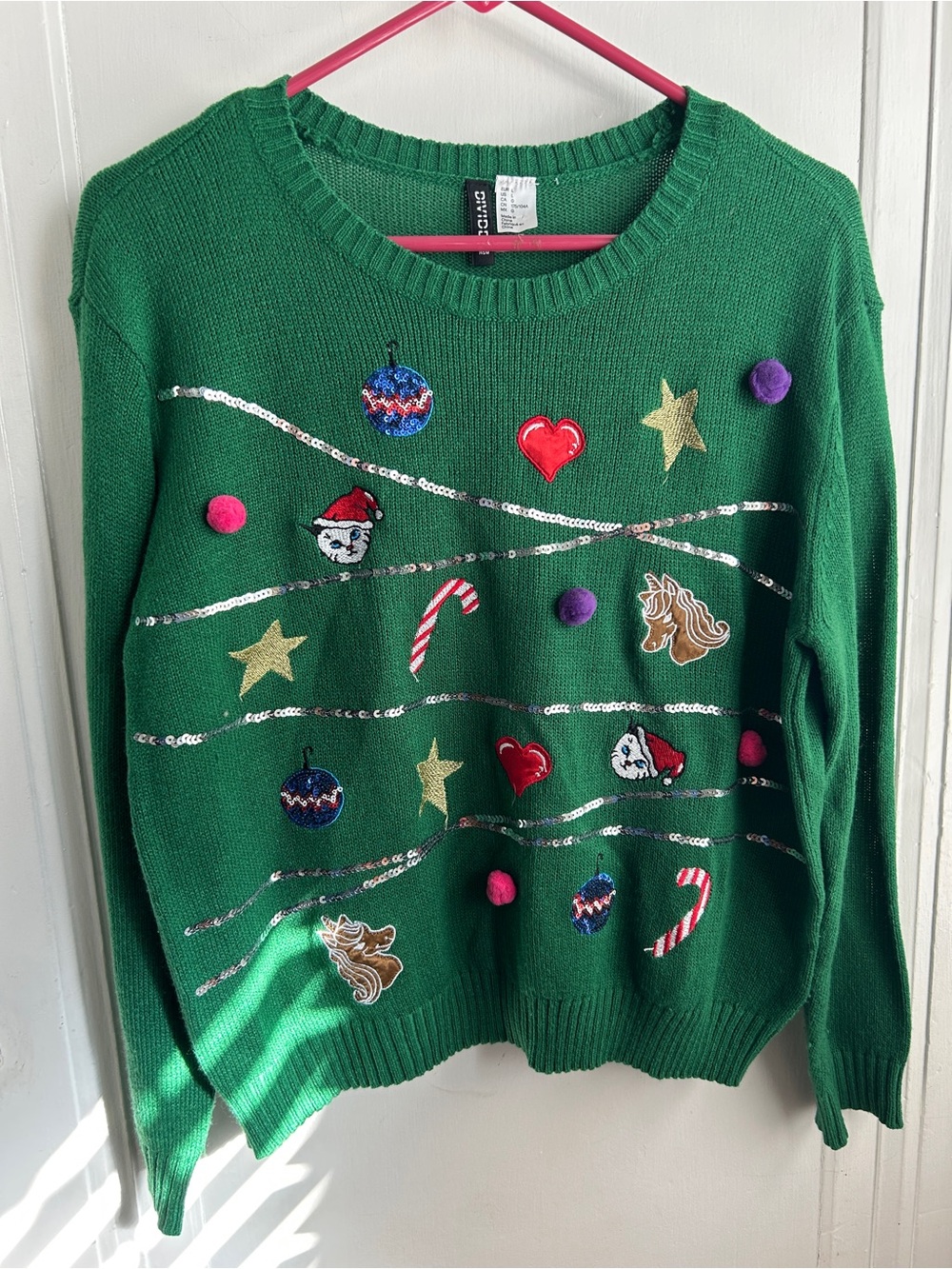 H&M Green Holiday Embellished Crewneck Sweater